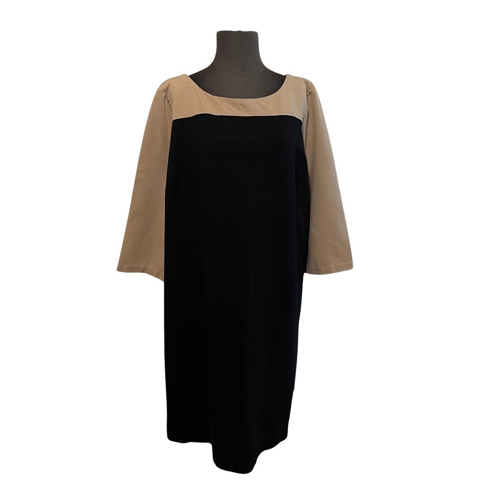 TALBOTS Shift Dress Womens Tan Black Long Sleeve Round Neck Back Zipper size 14